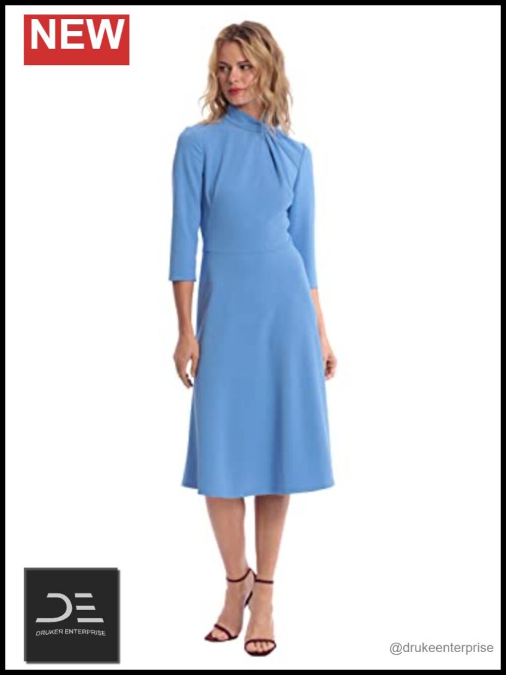 Mock Neck A-Line Dress 3/4 Sleeve Twist Neck Detail Business Casual Below Knee